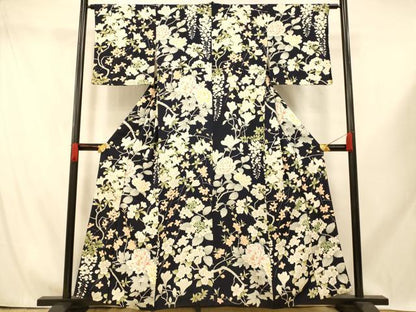 平和屋着物■上質な小紋　手描き　枝花文　黒地　金彩　正絹　逸品　AABI5950fw