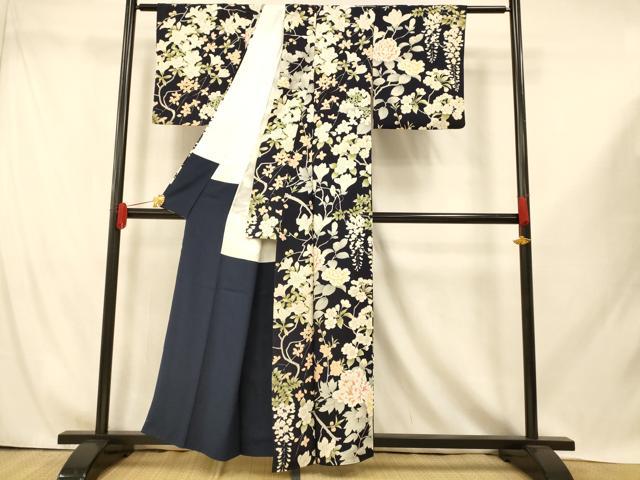 平和屋着物■上質な小紋　手描き　枝花文　黒地　金彩　正絹　逸品　AABI5950fw