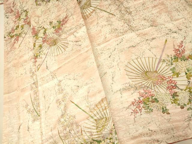 平和屋着物■上質な小紋　手描き　枝花番傘文　梅　金彩　正絹　逸品　AABI5966fw
