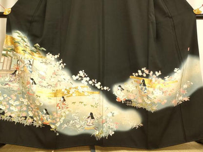 平和屋着物■豪華黒留袖　友禅　作家物　手描き　童子松竹梅文　暈し染め　金彩　金通し地　正絹　逸品　AABI5981fw