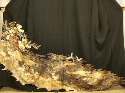 平和屋着物■豪華黒留袖　御所車花鳥文　金彩　正絹　逸品　AABI5983fw