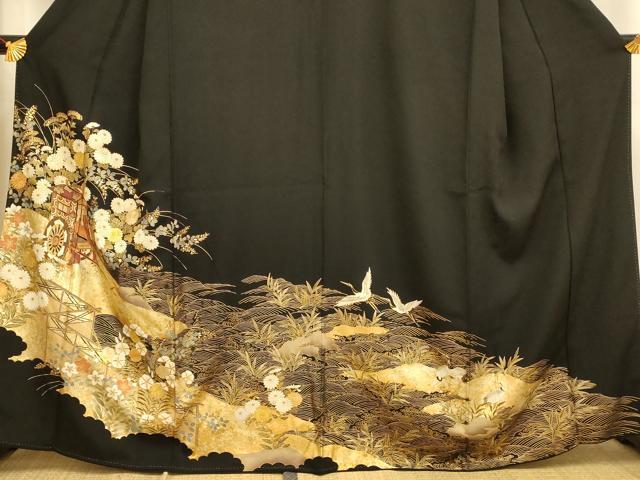 平和屋着物■豪華黒留袖　御所車花鳥文　金彩　正絹　逸品　AABI5983fw