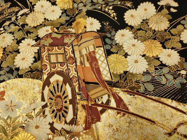 平和屋着物■豪華黒留袖　御所車花鳥文　金彩　正絹　逸品　AABI5983fw