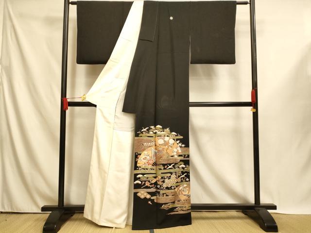 平和屋着物■豪華黒留袖　駒刺繍　御所車扇子文　金彩　正絹　逸品　AABI5985fw