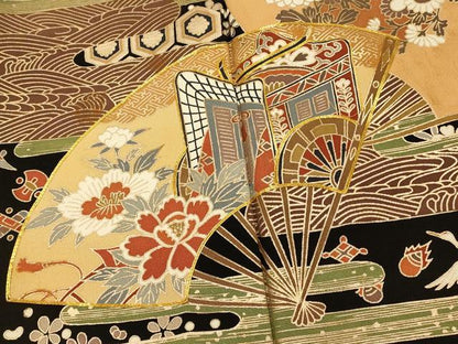 平和屋着物■豪華黒留袖　駒刺繍　御所車扇子文　金彩　正絹　逸品　AABI5985fw