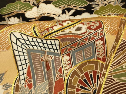 平和屋着物■豪華黒留袖　駒刺繍　御所車扇子文　金彩　正絹　逸品　AABI5985fw