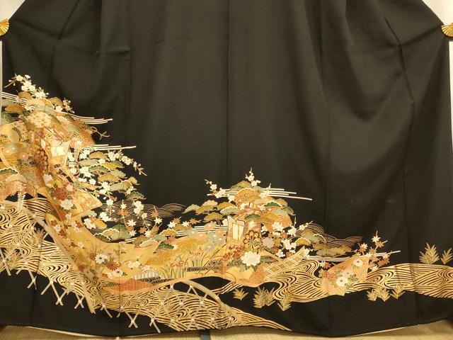 平和屋着物■豪華黒留袖　駒刺繍　御所車吉祥枝花文　金彩　正絹　逸品　AABI5996fw