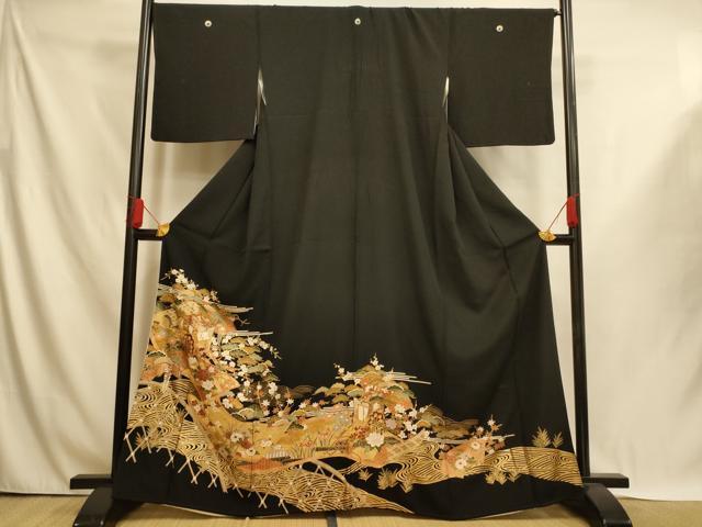 平和屋着物■豪華黒留袖　駒刺繍　御所車吉祥枝花文　金彩　正絹　逸品　AABI5996fw