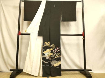 平和屋着物■豪華黒留袖　刺繍　風景文　金銀糸　正絹　逸品　AABI5997fw
