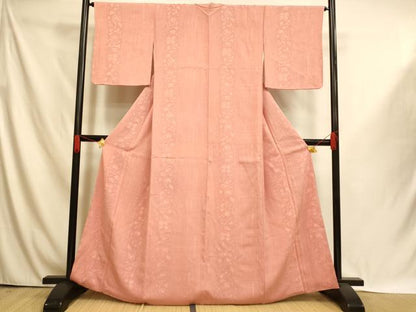 平和屋着物■お召　草花文　薄紅色　正絹　逸品　未使用　AABI6009fw