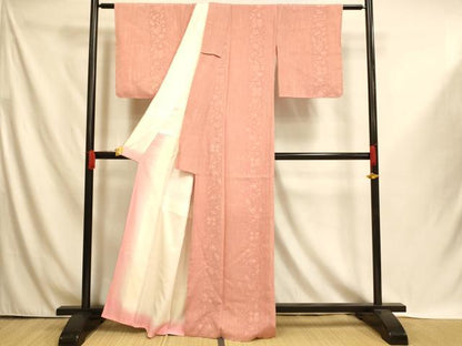平和屋着物■お召　草花文　薄紅色　正絹　逸品　未使用　AABI6009fw