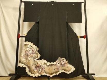 平和屋着物■豪華黒留袖　駒刺繍　花鳥鼓文　金彩　正絹　逸品　AABI6013fw