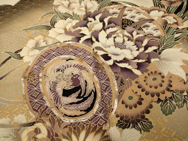 平和屋着物■豪華黒留袖　駒刺繍　花鳥鼓文　金彩　正絹　逸品　AABI6013fw