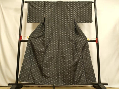平和屋着物■上質な紬　麻の葉文様　黒地　正絹　逸品　未使用　AABI6017fw