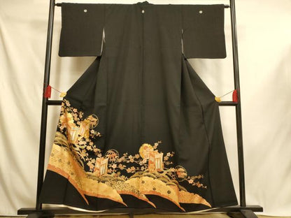 平和屋着物■豪華黒留袖 駒刺繍 御所車松竹梅文 金彩 正絹 逸品 AABI6021fw