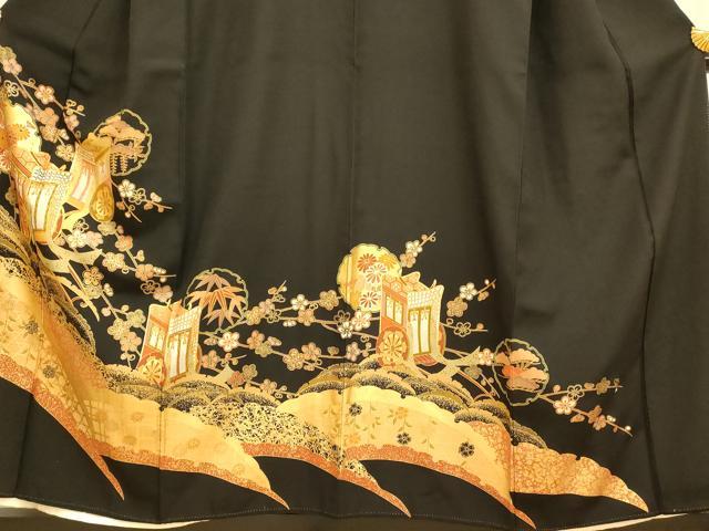 平和屋着物■豪華黒留袖 駒刺繍 御所車松竹梅文 金彩 正絹 逸品 AABI6021fw
