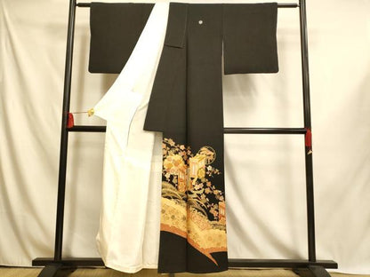 平和屋着物■豪華黒留袖 駒刺繍 御所車松竹梅文 金彩 正絹 逸品 AABI6021fw