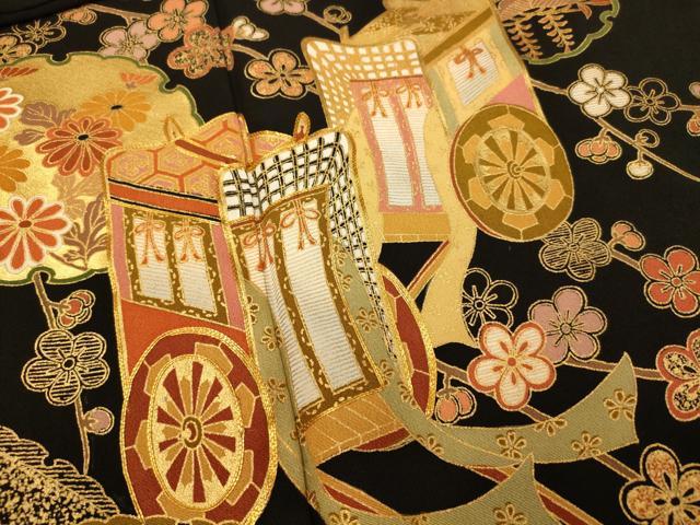 平和屋着物■豪華黒留袖 駒刺繍 御所車松竹梅文 金彩 正絹 逸品 AABI6021fw