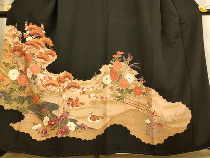平和屋着物■豪華黒留袖 刺繍 枝花鴛鴦文 松 梅 金糸 金彩 正絹 逸品 AABI6022fw