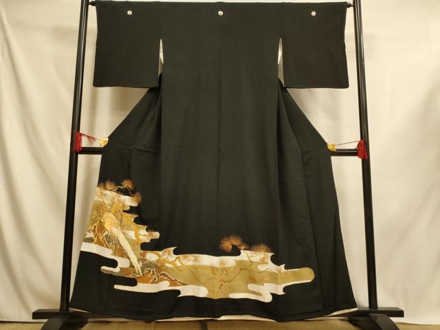 平和屋着物■豪華黒留袖　駒刺繍　鳳凰松文　金銀彩　金糸　正絹　逸品　AABI6023fw