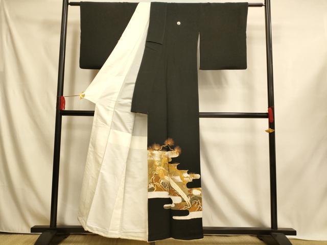 平和屋着物■豪華黒留袖　駒刺繍　鳳凰松文　金銀彩　金糸　正絹　逸品　AABI6023fw
