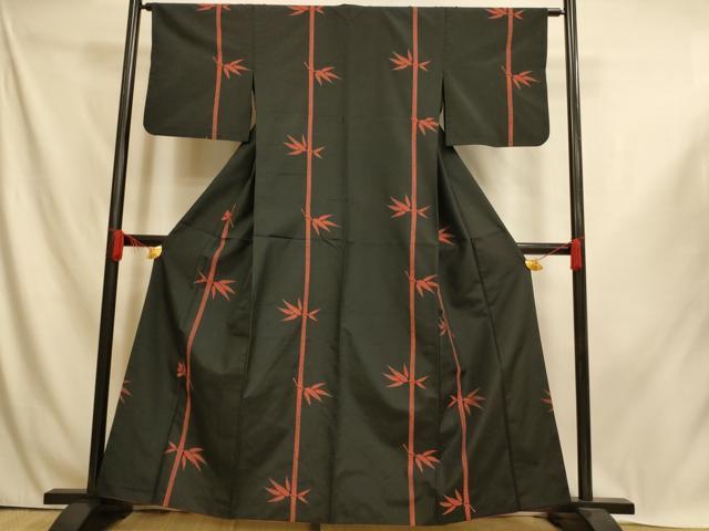 平和屋着物■上質な紬 笹竹文 黒地 胴抜き仕立て 正絹 逸品 AABI6024fw