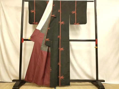 平和屋着物■上質な紬 笹竹文 黒地 胴抜き仕立て 正絹 逸品 AABI6024fw