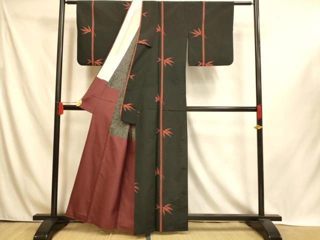 平和屋着物■上質な紬 笹竹文 黒地 胴抜き仕立て 正絹 逸品 AABI6024fw