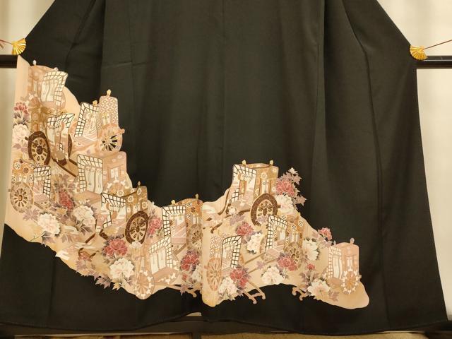 平和屋着物■豪華黒留袖 駒刺繍 御所車枝花文 金彩 正絹 逸品 AABI6026fw