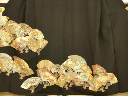 平和屋着物■豪華黒留袖　扇子枝花文　松　金彩　正絹　逸品　AABI6056fw
