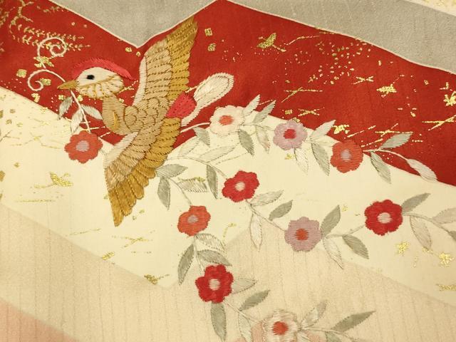 平和屋着物■訪問着　刺繍　花鳥文　金彩　ロング丈　正絹　逸品　AABI6073fw