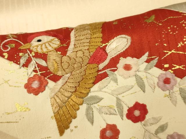 平和屋着物■訪問着　刺繍　花鳥文　金彩　ロング丈　正絹　逸品　AABI6073fw