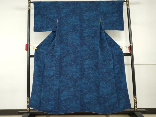 平和屋着物●上質な小紋　藍　風景花松文　鬼しぼ縮緬　正絹　逸品　AABI6083cs