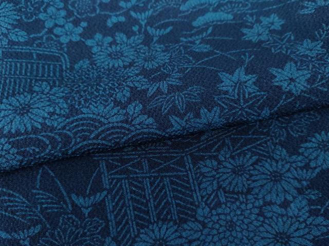 平和屋着物●上質な小紋　藍　風景花松文　鬼しぼ縮緬　正絹　逸品　AABI6083cs