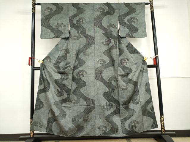 平和屋着物●江戸小紋　立波吉祥文　黒地　正絹　逸品　AABI6084cs