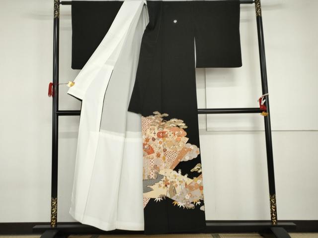 平和屋着物●豪華黒留袖　駒刺繍　飛鶴吉祥松竹梅文　金彩　正絹　逸品　AABI6086cs