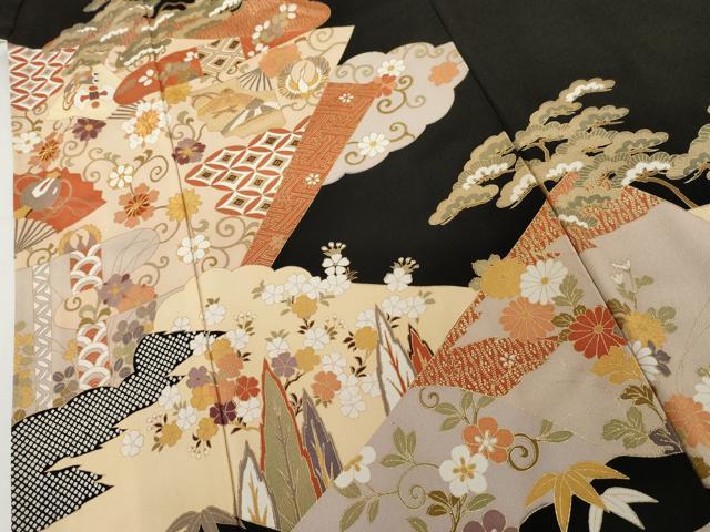 平和屋着物●豪華黒留袖　駒刺繍　飛鶴吉祥松竹梅文　金彩　正絹　逸品　AABI6086cs