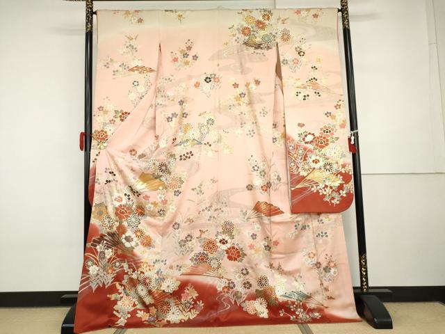 平和屋着物●豪華振袖　扇面枝花文　暈し染め　金銀彩　ロング丈　正絹　逸品　AABI6089cs