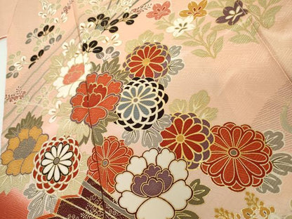 平和屋着物●豪華振袖　扇面枝花文　暈し染め　金銀彩　ロング丈　正絹　逸品　AABI6089cs
