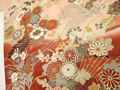 平和屋着物●豪華振袖　扇面枝花文　暈し染め　金銀彩　ロング丈　正絹　逸品　AABI6089cs