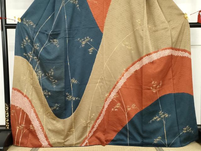 平和屋着物●訪問着　手描き　絞り　笹竹文　金彩　正絹　逸品　AABI6091cs