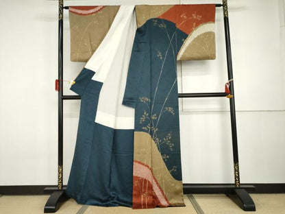 平和屋着物●訪問着　手描き　絞り　笹竹文　金彩　正絹　逸品　AABI6091cs