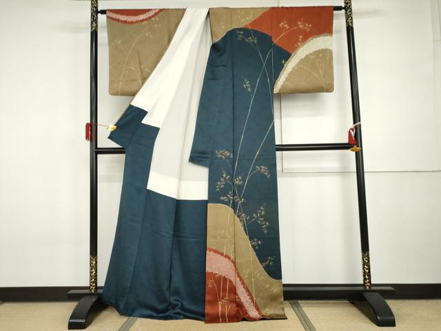 平和屋着物●訪問着　手描き　絞り　笹竹文　金彩　正絹　逸品　AABI6091cs