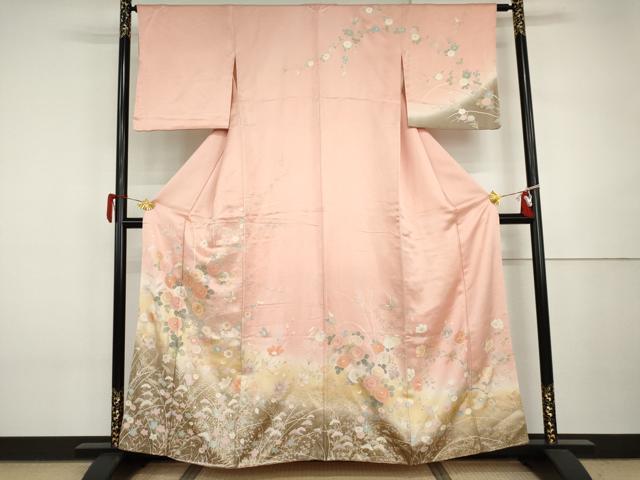 平和屋着物●訪問着　駒刺繍　花蝶文　暈し染め　金彩　正絹　逸品　AABI6092cs