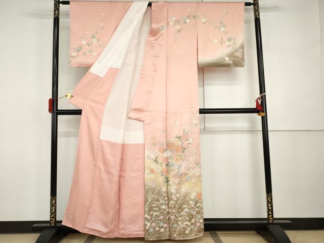 平和屋着物●訪問着　駒刺繍　花蝶文　暈し染め　金彩　正絹　逸品　AABI6092cs