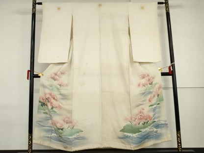 平和屋着物●アンティーク　大正ロマン　色留袖　手描き　桜　鬼しぼ縮緬　正絹　逸品　AABI6106cs