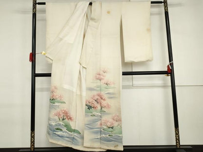平和屋着物●アンティーク　大正ロマン　色留袖　手描き　桜　鬼しぼ縮緬　正絹　逸品　AABI6106cs