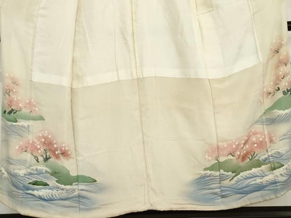 平和屋着物●アンティーク　大正ロマン　色留袖　手描き　桜　鬼しぼ縮緬　正絹　逸品　AABI6106cs