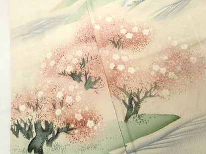 平和屋着物●アンティーク　大正ロマン　色留袖　手描き　桜　鬼しぼ縮緬　正絹　逸品　AABI6106cs