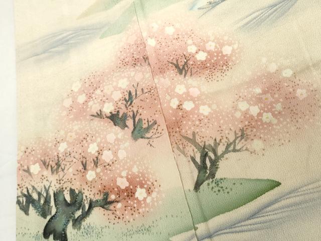 平和屋着物●アンティーク　大正ロマン　色留袖　手描き　桜　鬼しぼ縮緬　正絹　逸品　AABI6106cs